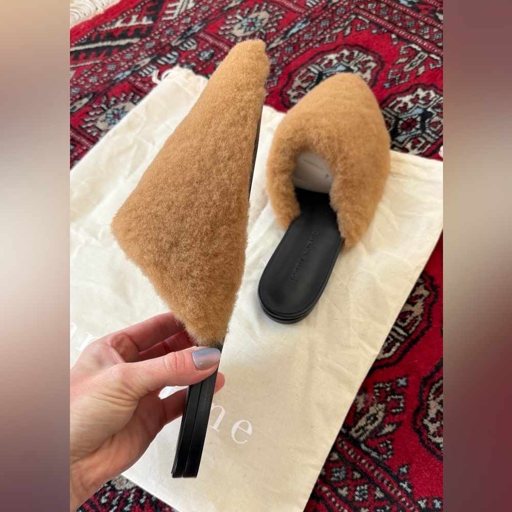 NEW Jenni Kayne Shearling Mule Slip On Flat Shoes Brown Black Leather Slides - Picture 4 of 9